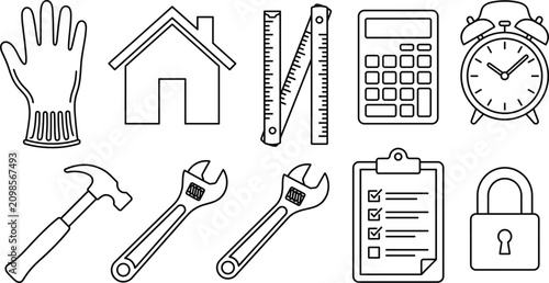 Home renovation construction and carpentry repair tool icon set with hammer wrench house folding ruler line art illustration