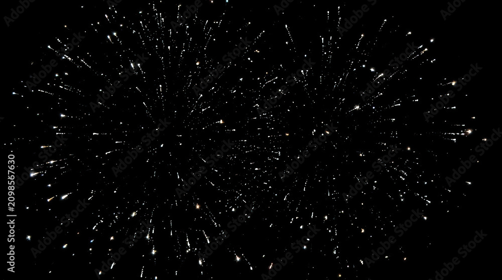 Fototapeta premium Glittering white and silver fireworks burst against black sky, luminous minimalist celebration