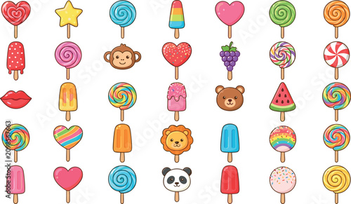 Canvas Print Colorful Lollipop and Popsicle Icon Set Featuring Swirl Candies, Rainbow Ice Pop