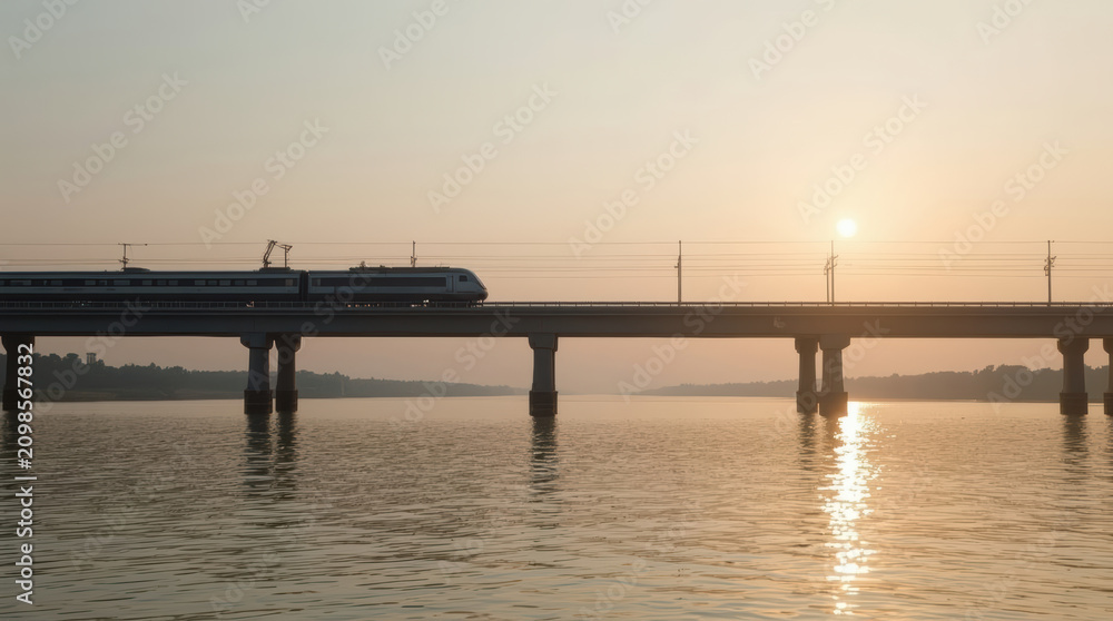 Fototapeta premium High speed train crossing elevated bridge at serene sunrise with warm reflection