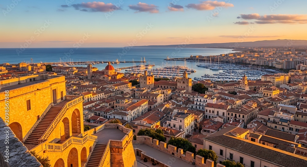 Fototapeta premium Panoramic view of Cagliari city skyline and harbor at sunset Sardinia Italy.