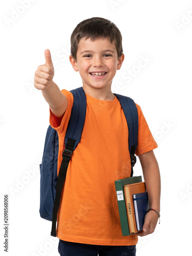 Happy boy holding books and giving thumbs up Isolated on a Transparent Background PNG for educational purposes
