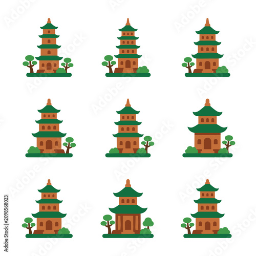Set of pixel art oriental pagodas with trees and bushes, isolated on white background, traditional architecture element