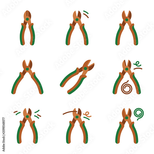 Set of wire cutters in various actions, snipping wire and with sparks, cartoon pixel art style