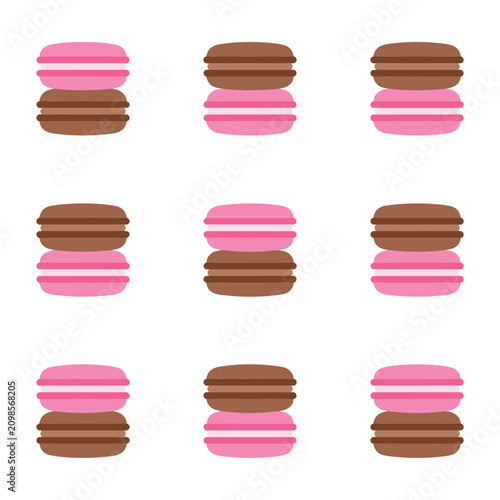 Pattern of nine colorful french macarons, pink and brown, arranged in a grid on a white background, sweet dessert food, simple flat illustration