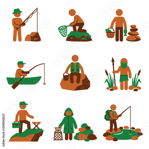 Collection of simple vector icons depicting various fishing activities and scenes, from casting a line to netting a fish