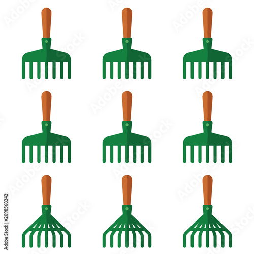 Set of nine pixel art garden rakes, flat design icons for landscaping and gardening, tool illustrations
