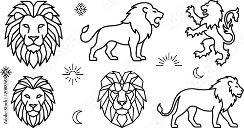 Foto Lion line icons and heraldic crest elements set featuring roaring lions geometri