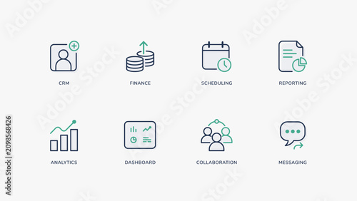 Business mobile app and analytics icons – Suitable for CRM software, finance dashboards, or team collaboration platforms.