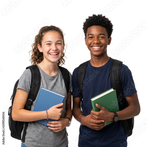 Smiling diverse high school students with books and backpacks, ready for academic success and their educational future, Isolated on a Transparent Background PNG