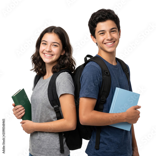 Smiling diverse teenage students, holding books and wearing backpacks, ready for academic success and learning, Isolated on a Transparent Background PNG