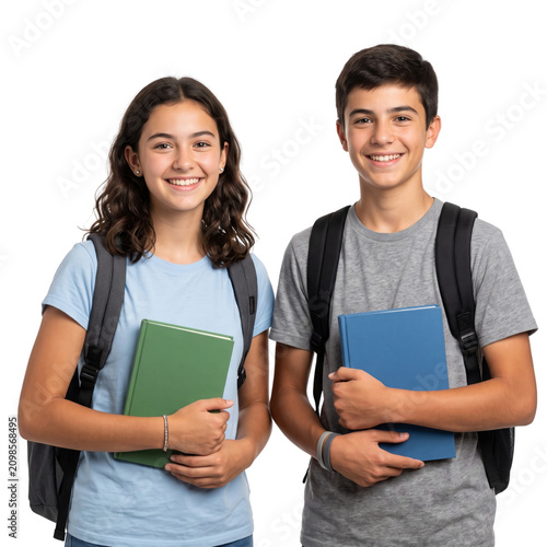 Joyful diverse students, a smiling teenage boy and girl, holding books and wearing backpacks, ready for school. Isolated on a Transparent Background PNG