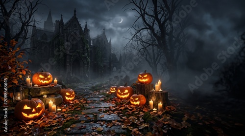 Haunted Forest Path with Glowing Halloween Pumpkins and Gothic Archway
