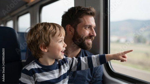 Cheerful father and son smiling by train window pointing outside at passing countryside landscape during family journey on railway car in daylight