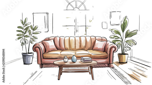 Konstfotografi Modern cozy living room with brown sofa and decorative plants near windows Vecto