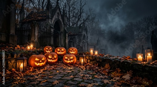 Mysterious Forest Ground Filled with Glowing Halloween Pumpkins under Full Moon