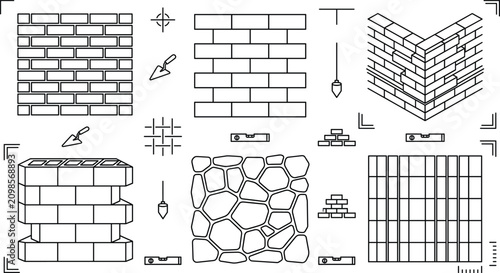 Photos Masonry construction and brick wall pattern texture icon set with trowel level t