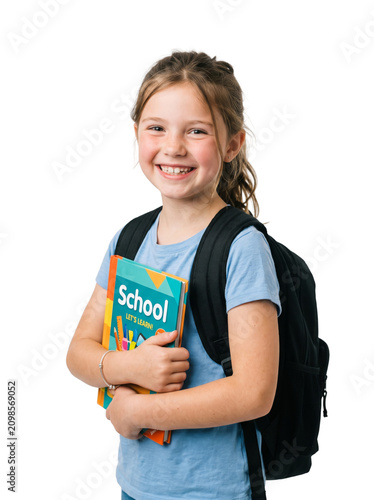 Happy young school girl with backpack holding books, Isolated on a Transparent Background PNG, Studio shot