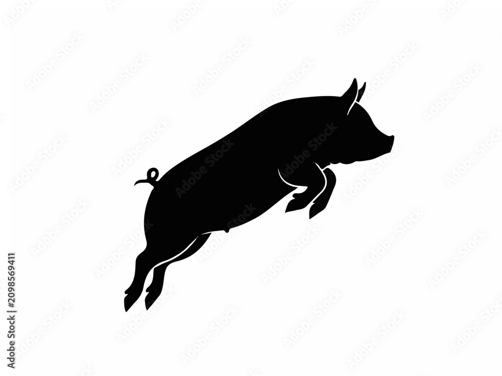 Fototapeta premium Black Silhouette of a Jumping Pig Isolated on White Background for Farm and Animal Logo Design