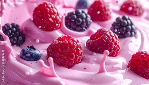 A vibrant closeup view of fresh summer berries falling into a creamy pink yogurt swirl creating beautiful dynamic liquid splashes and ripples.