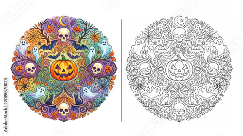 Colorful Halloween Mandala Coloring Pages for Adults in Watercolor Style with Colored Example and Outline Version Isolated on Transparent Background