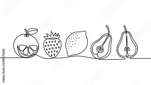 Canvastavla Minimalist continuous line art illustration of assorted fruits including orange