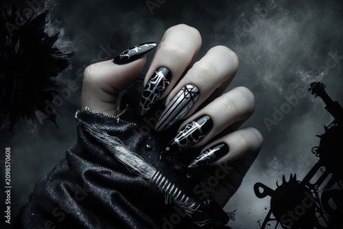 Themed bold rock music manicure in glossy black colors with cocky nails design AI Generative