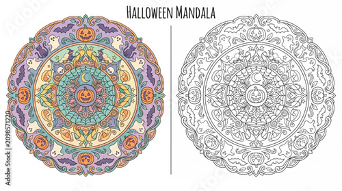 Pastel Color Halloween Mandala Coloring Pages for Adults with Colored Example and Outline Version Vector Illustration Isolated on Transparent Background