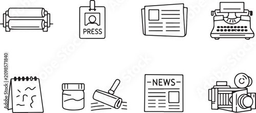 Obraz na plátne Journalism and printing press icons set, vintage newspaper media vector elements