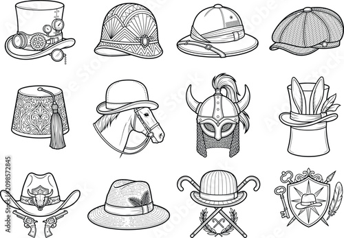 Fotografi Set of vintage headwear line art illustrations including top hats pith helmets bowler caps and historical military gear