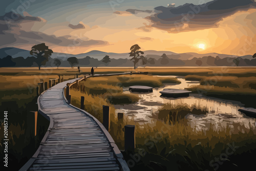 Canvas Print Winding wooden boardwalk through peaceful marshland at sunset leading to distant mountains vector art