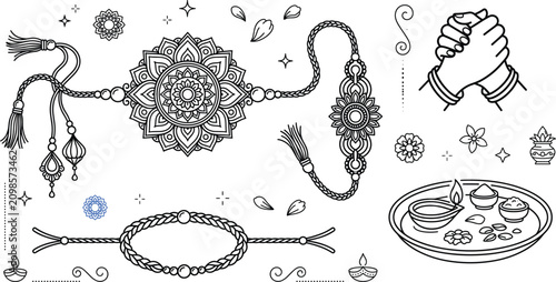 Bild auf Leinwand Raksha Bandhan line art vector collection featuring rakhi bracelet pooja thali diya holding hands floral mandala doodle elements
