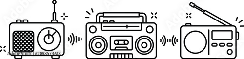 Foto Radio and boombox line art vector collection featuring retro cassette player receiver antenna audio sound wave doodle elements