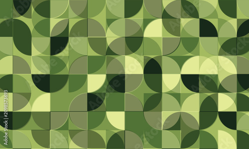 A seamlessly connecting abstract geometric pattern featuring green circles and organic petal shapes in a mid-century modern retro style.