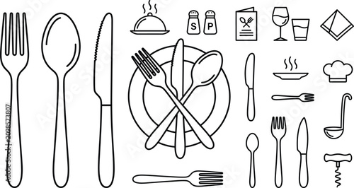 Foto Restaurant fine dining and cutlery icon set with fork spoon knife plate menu lin