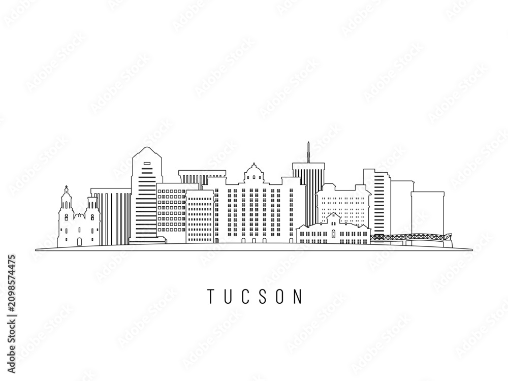 Obraz premium Detailed Tucson skyline vector illustration. Tucson buildings in line art style, perfect for modern designs.