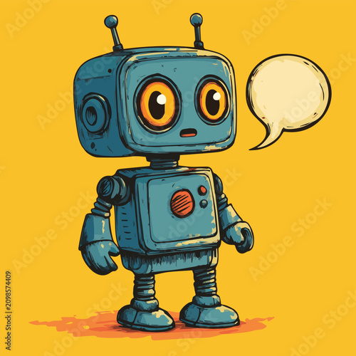 A colorful, cartoon robot with big eyes and a speech bubble, perfect for children's content and tech-related themes.