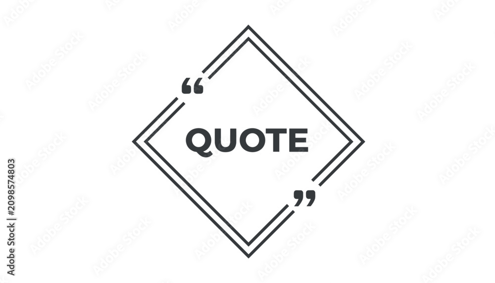 Fototapeta premium Simple diamond shaped quote template with double quotation marks and black placeholder text on a white background.