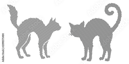 Scared black cats with arched backs, Halloween dotted halftone set