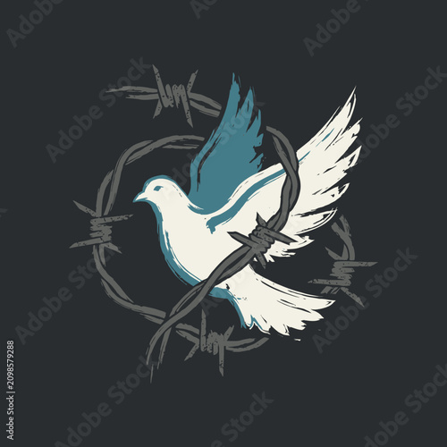 Canvas Print A stylized white dove breaks free from a grey barbed wire circle