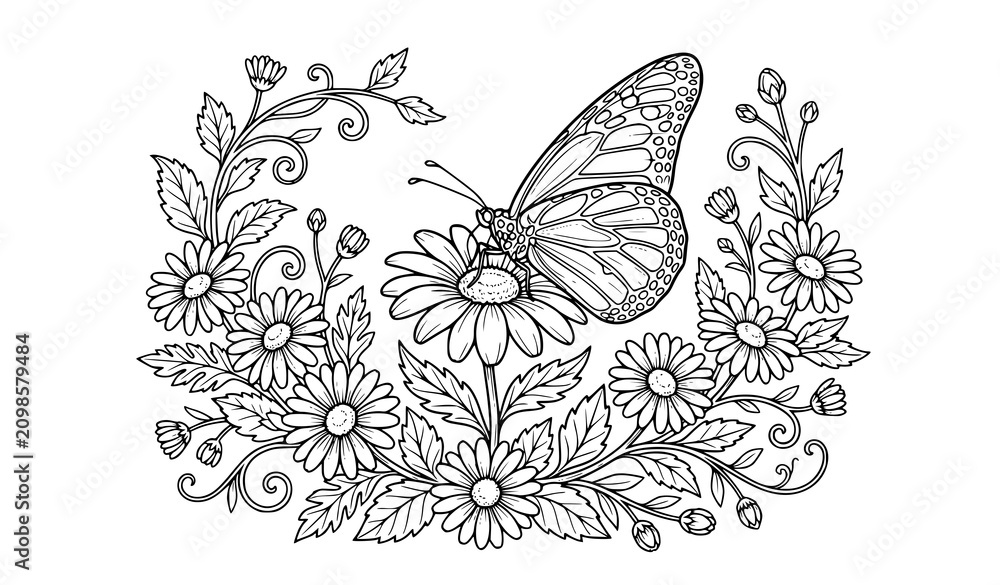 Obraz premium Butterfly on Wildflowers Outline Coloring Book Page Vector Line Art for Kids and Adults