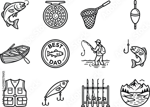 Bild auf Leinwand Fishing gear and accessories set with fish reel landing net bobber boat dad badge angler silhouette and tackle box icon
