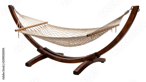 Εκτύπωση καμβά Woven cotton rope hammock with wooden spreader bars on curved dark wood stand, i
