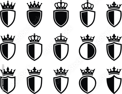 Foto Shield icons collection set with royal crown elements heraldic black silhouettes coat of arms symbols for design layout