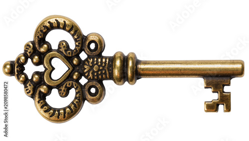 Obraz na plátně Ornate antique brass skeleton key with heart cutout, isolated on transparent bac