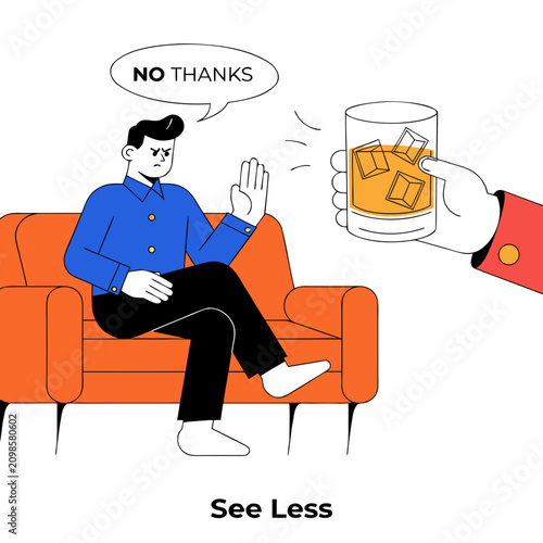 Bild auf Leinwand Determined man refuses alcohol, demonstrates stop gesture, sitting on sofa near hand with whiskey