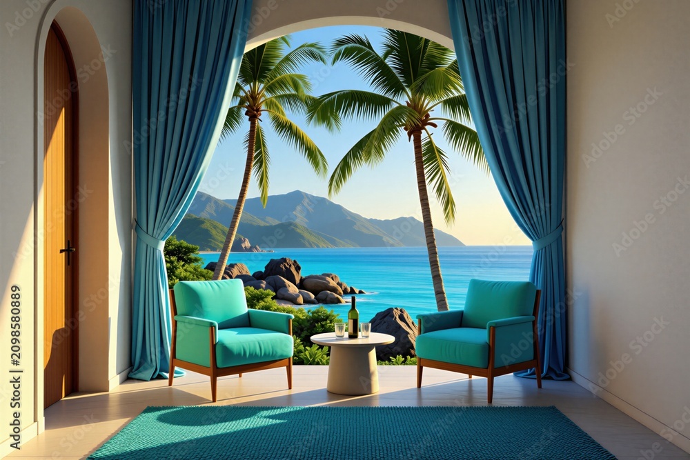 Fototapeta premium Two teal armchairs face ocean view from tropical resort balcony. Palm trees frame water, mountains, and clear sky. A small table holds a wine bottle and glasses for a relaxed vacation setting.