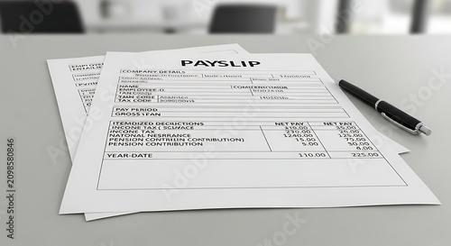 Payslip document with pen on desk.