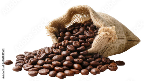 Foto Roasted coffee beans spilling from a burlap sack, isolated on transparent backgr