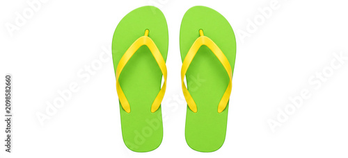 Bright Green Summer Flip Flop Sandals with Yellow Straps – Beach Footwear Clipart Isolated on White Background